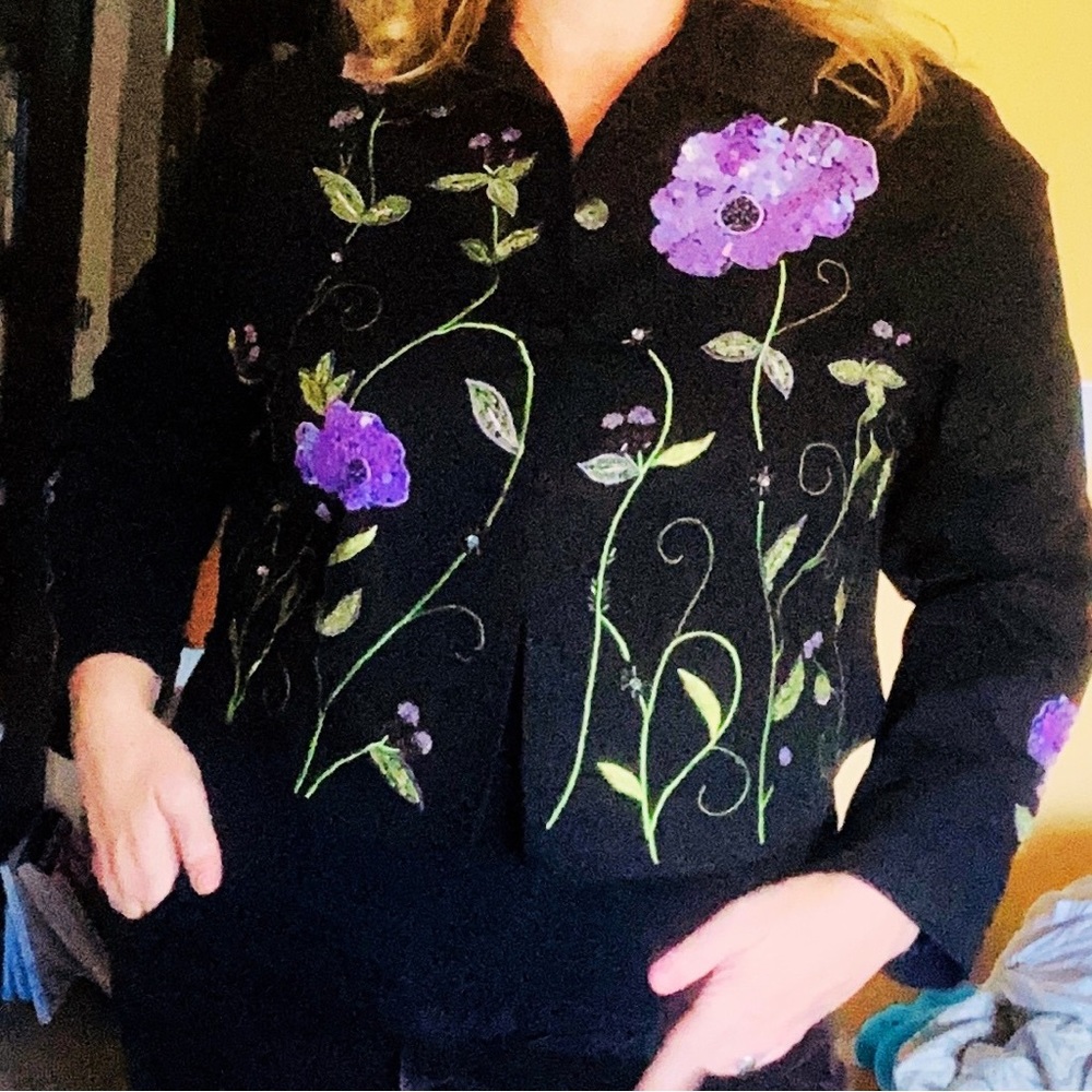 Floral waist-length coat with sparkles and fun for days